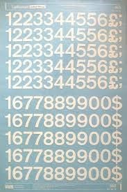 Dry transfer lettering sheets, numbers, white