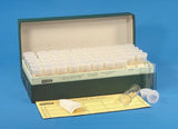 Glass sample vials in storage box, shell vial