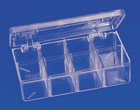 Partitioned snap-lock boxes, hinged lid