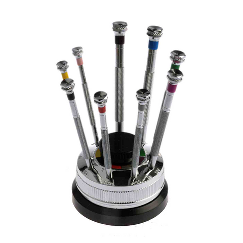Precision screwdriver set with revolving stand