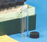 Glass sample vials in storage box, screw cap