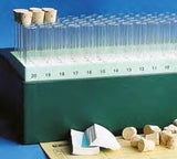 Glass sample vials in storage box, cork stopper vial