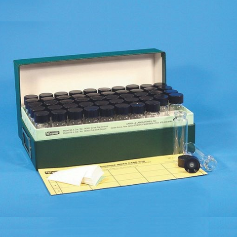 Glass vials in storage box, poly-seal caps