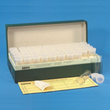 Glass vials in storage box, shell vials