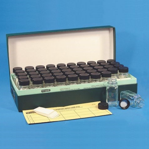 Glass vials in storage box, square vials