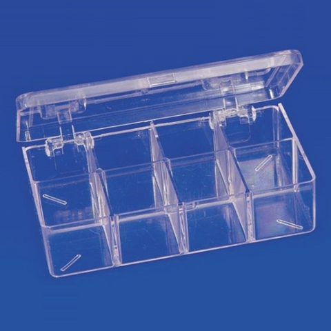 Snap-lock hinged storage boxes with partitions