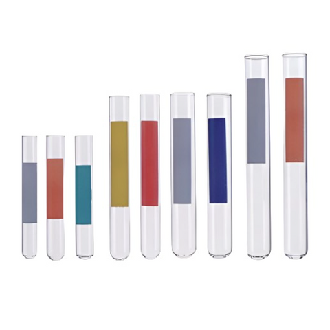 Glass test tubes with coloured labels