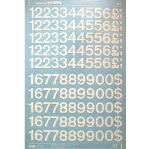 Dry transfer sheets, numbers, white