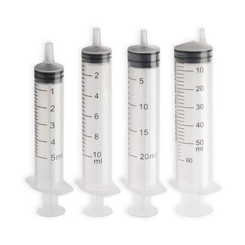Syringes, disposable, rubber piston, luer slip tip (STERILE)